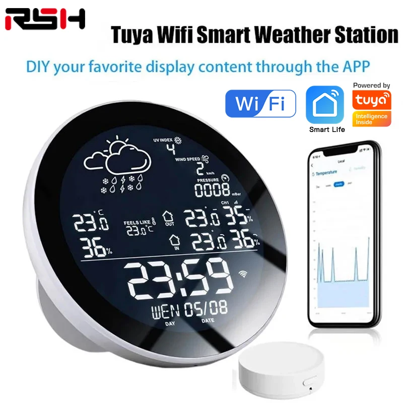 RSH Tuya Smart Weather Station Indoor Outdoor Smart Thermometer Hygrometer LCD Digital Alarm Clock