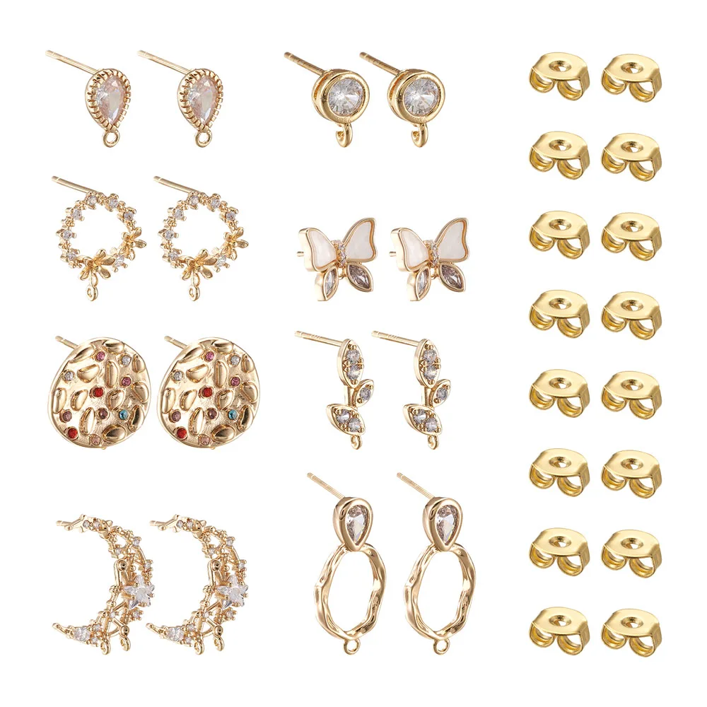 

1 Box Elegant Brass Clear Cubic Zirconia Stud Earring Findings With Loop Mixed Shapes Gold Plated For Women