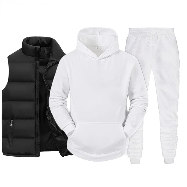 Men Tracksuit Vest + Hooded Sweatshirt + Pants 3 Piece Set Spring Autumn Solid Color Casual Fashion Streetwear Male Sportswear
