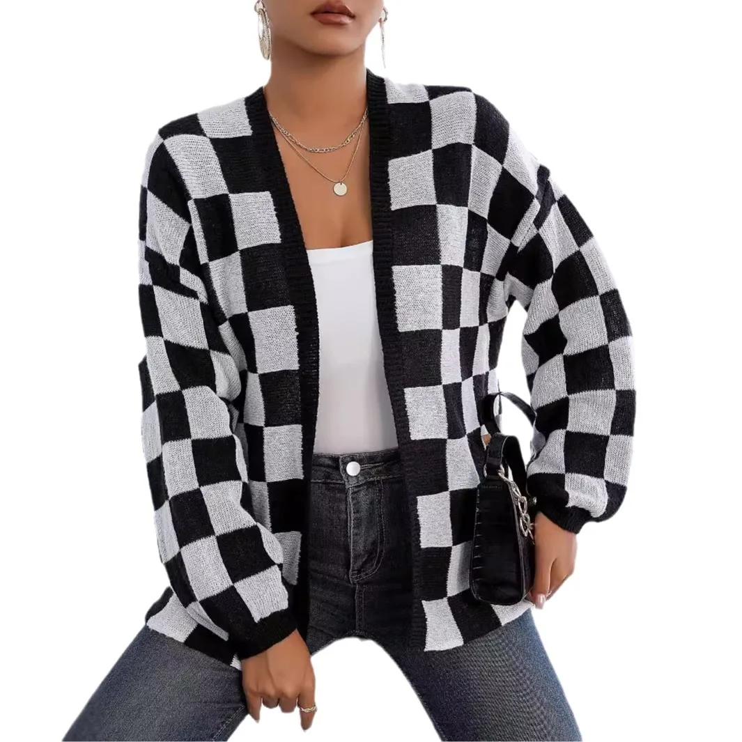 Women Plaid Cardigan Sweater Autumn Spring Loose Knitwear