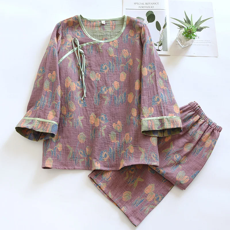 

2024 New Spring/Summer Women's Pajama Set with Chinese style Pan Button 100% Pure Cotton Nine Quarter Sleeve Retro Home Fury Set