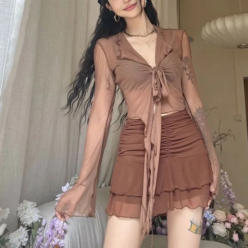 여성용 프렌치 스타일 섹시 클럽 스트리트웨어 가디건, 솔리드 슬림 플레어 슬리브, 패션 용수철 여름 카디건, 2024 신상