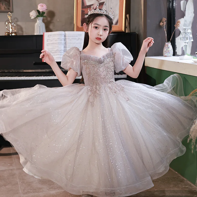 

Girls Birthday Party Girls Dress for Wedding Shiny Beaded flower Children Princess Pageant ball feast Long Kids Dresses