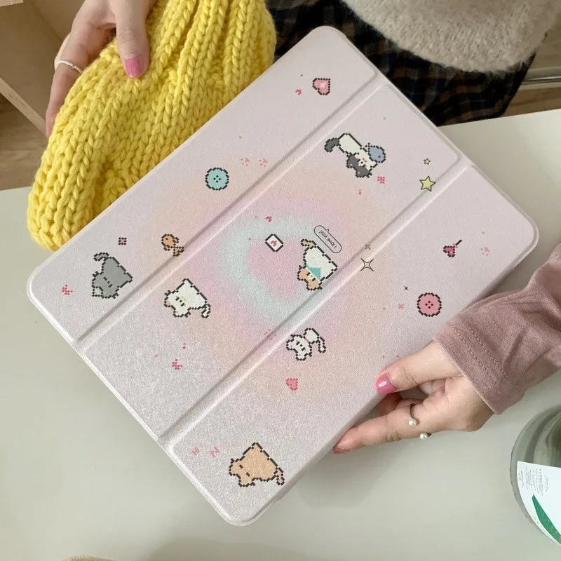 Tri-Fold Mirror Tablet Case with Pencil Holder and Cute Pixel Art Cat Design