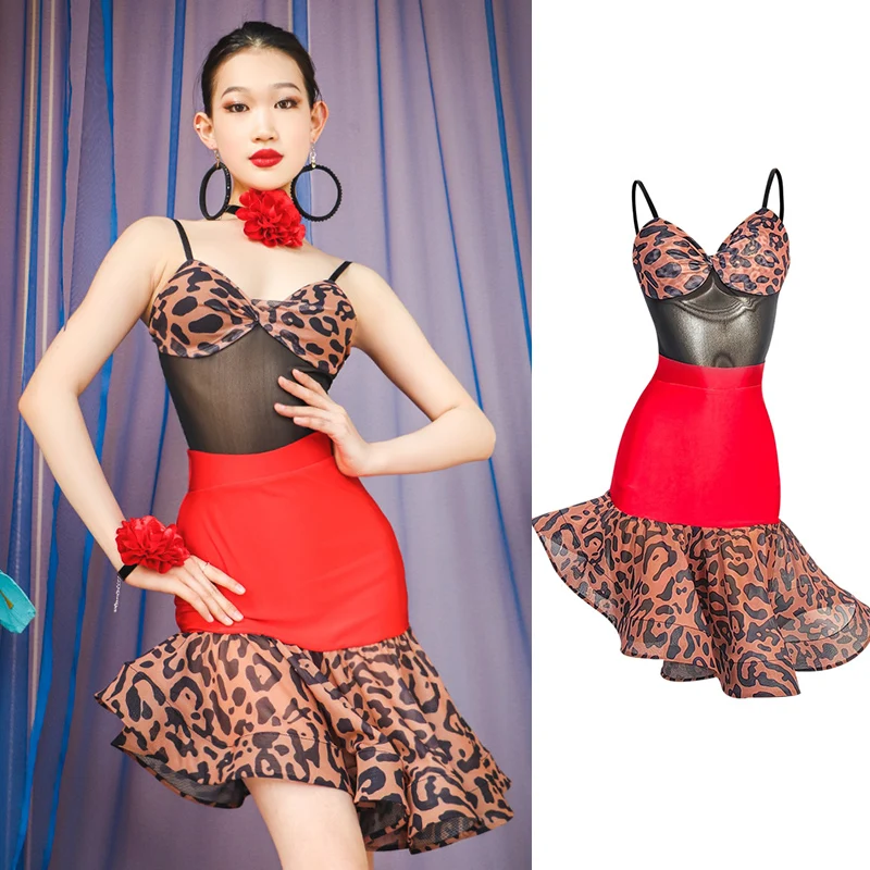 

Women Latin Dance Dress Competition Costume Split Suit Leopard Bodysuit Skirt Adult Rumba Samba Performance Clothes VDB6849