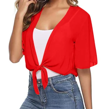 Women Tie Front Chiffon Short Sleeve Cropped Sheer Bolero Cardigan Hin Shirts For Woman 2024 Summer Clothing Lace Shawl 2