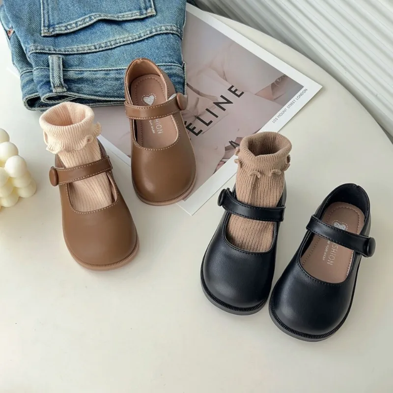 구두 Children Leather Shoes Black Brown Princess Mary Janes Round Toe Little Girl Single Shoes Soft Sole Shallow Kids Dress
