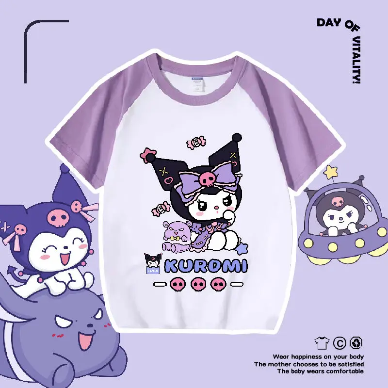 

Sanrio Kuromi Girls Short Sleeve T-Shirt Match Color Cotton Children Clothes 2023 New Children Sweet Insert Shoulder Sleeve Top
