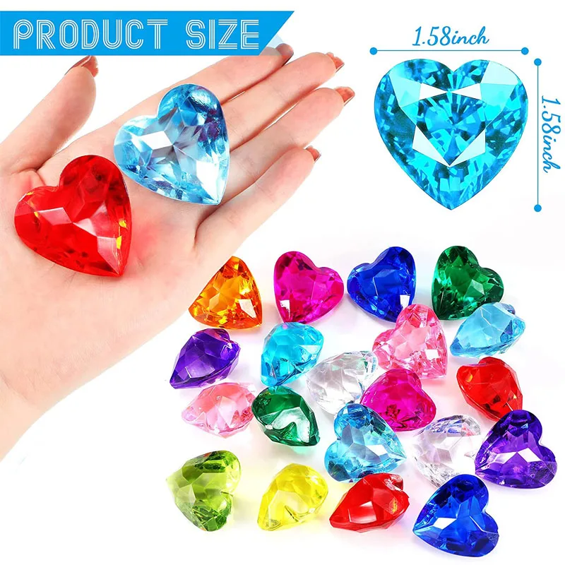 36/12PCS 40MM Heart Shaped Acrylic Diamond Gems Jewels Pirate Treasure Chest Hunt Party Favors For Kids Halloween Birthday Gifts
