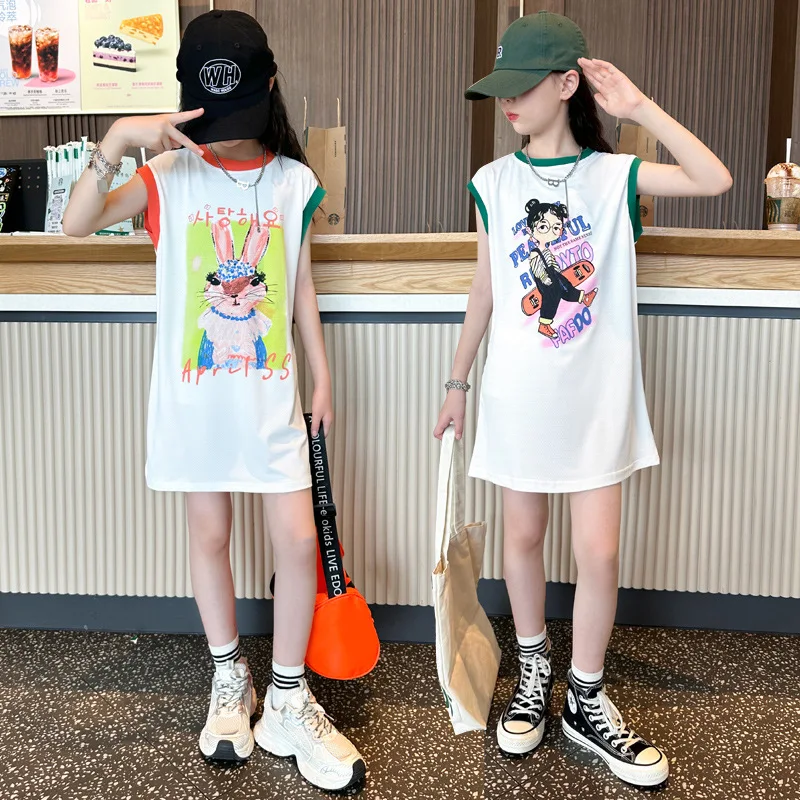 

Girls T-shirt Dress Cute Cartoon Rabbit Printed Teens Long Tee Shrit Kids Summer Outfit 4 6 10 14 16 18 Years Old