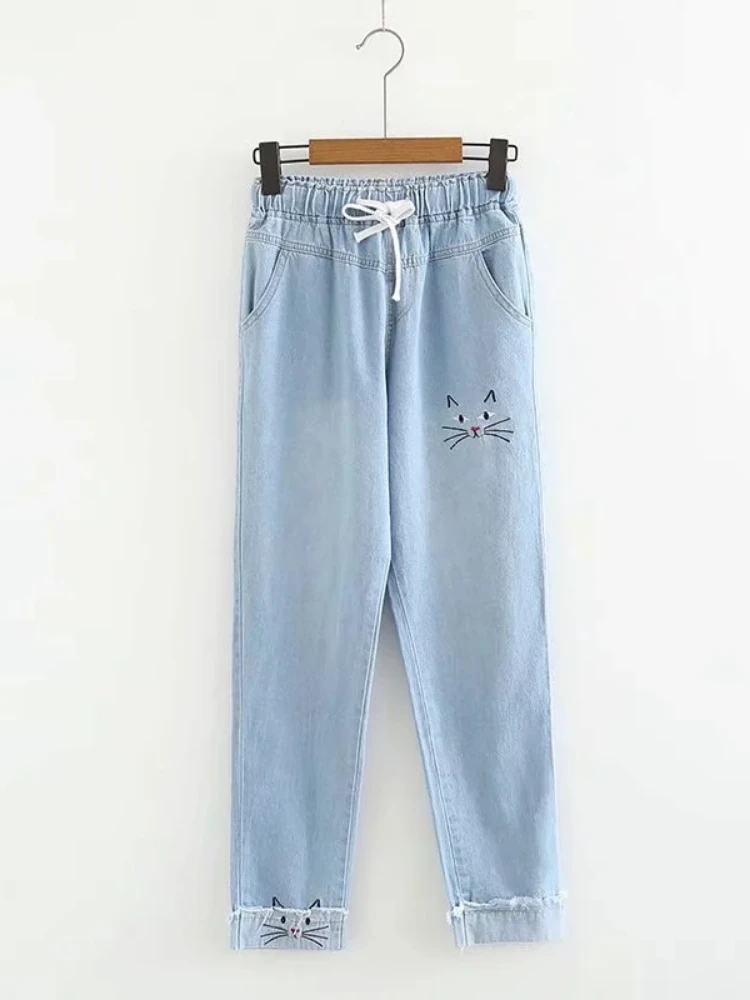 

Merry Pretty Women Jeans Pants Cartoon Cat Embroidery Harajuku Denim 2023 Winter Elastic Waist Straight Pockets Jean