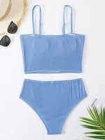 Sexy Solid Ribbed Vest Bikini Set Cover Belly Swimwear WoSwimsuit Bikini Bathers Bathing Suits Summer Beach Wear