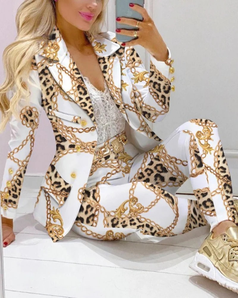 

White Turn Down Collar Chain Printed Suit Jacket Long Sleeved Suit Blazers Coat OL Cardigan Crop Tops + Long Pants 2pcs set