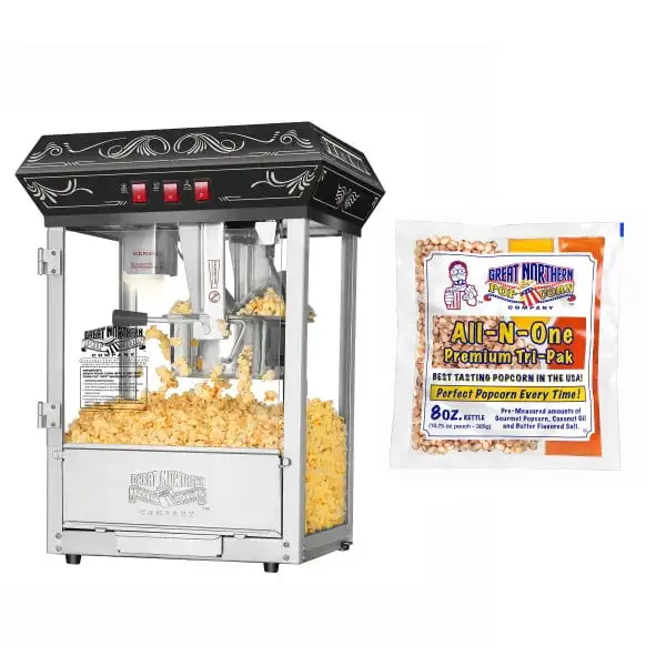 

Time Countertop Popcorn Machine – 3 Gallon Popcorn Popper, 8oz Kettle, Warmer, and 5 Popcorn Packs by (Black)