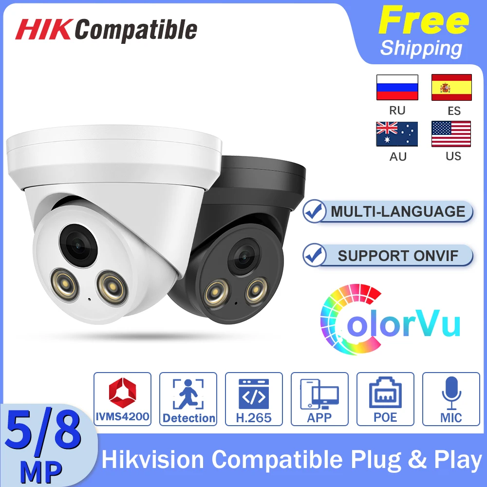 

Hikvision Compatible IP Camera ColorVu 5MP 8MP HD Video Dome POE Black Night Version CCTV Kamera Built-In Mic H.265 Plug&Play