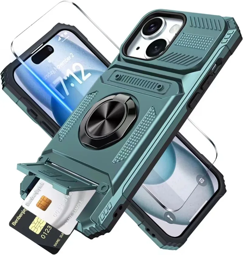 Coque pour iPhone 16 15 14 13 11 Pro Max avec anneau rotatif magnétique et béquille, protection robuste contre les chutes, étui portefeuille de qualité militaire_voghion.com