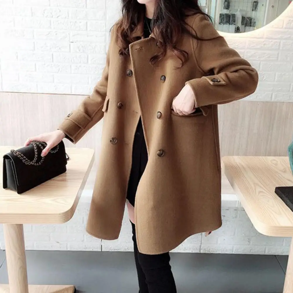 

Lady Winter Coat Stylish Vintage Woolen Trench Coat Warm Mid-length Double-breasted with Pockets Lapel Buttons for Women's