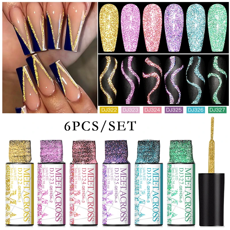 MEET ACROSS 6Pcs/Set Reflective Glitter Line Gel Nail Polish Metallic Mirror Nail Art Liner UV Gel DIY Painting Drawing Varnish 3