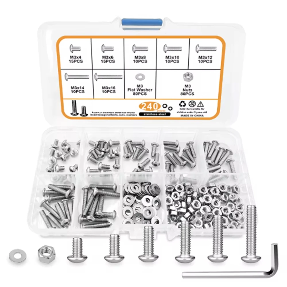 240pcs m3 ברגי ראש משושה, m3x4/6/8/10/12/14/16 כפתור ראש כפתור ראש נירוסטה משושה פנימי נירוסטה משושה