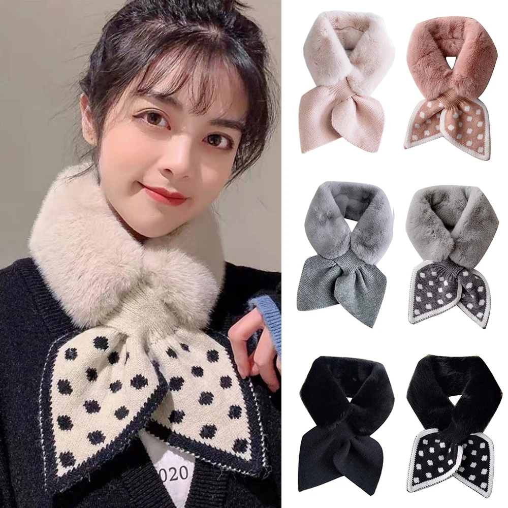 Neck Warmer Fake Collar Scarves Knitted Faux Rabbit Fur Shawl Fur Cross Plush Snood Scarf Sweet Cute Outdoor Dot Faux Fur Scarf