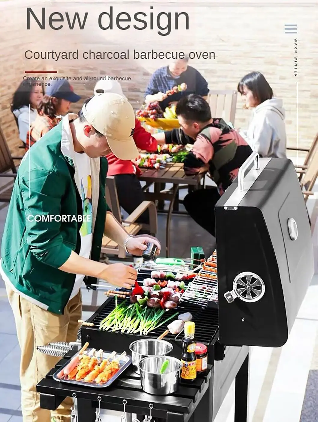 New Oil Drum Barrel Outdoor Charcoal Barbeque BBQ Grills Backyard Party Barbecue Smoker with Rotisserie Roast Chicken Rack