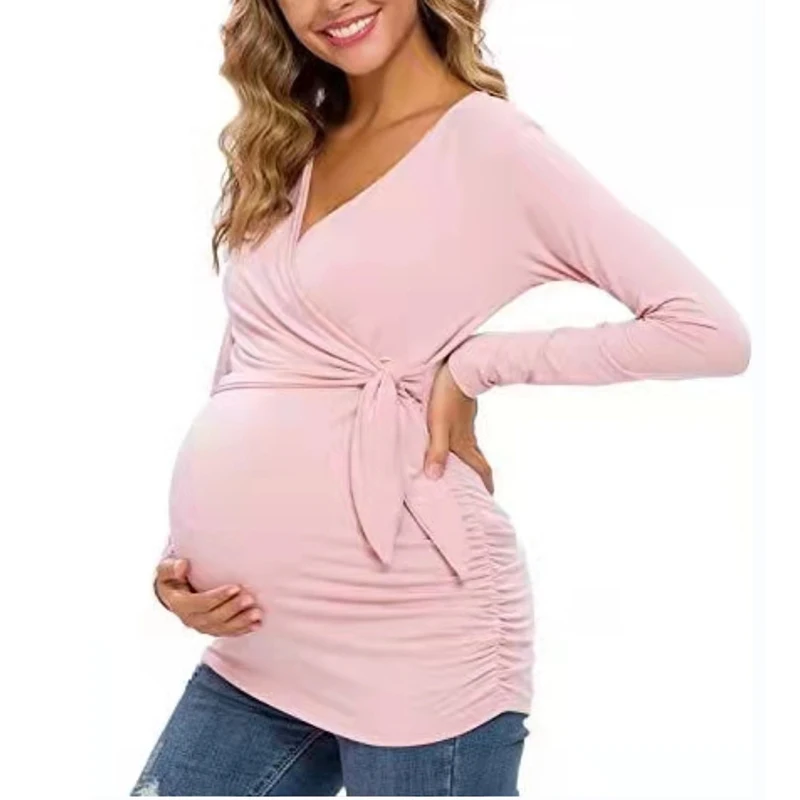 Womens Clothing Pregnancy Shirt Maternity Clothes Nursing Top Long Sleeve V-Neck Maternity Blouses Cross Belt Nursing T-Shirt 2