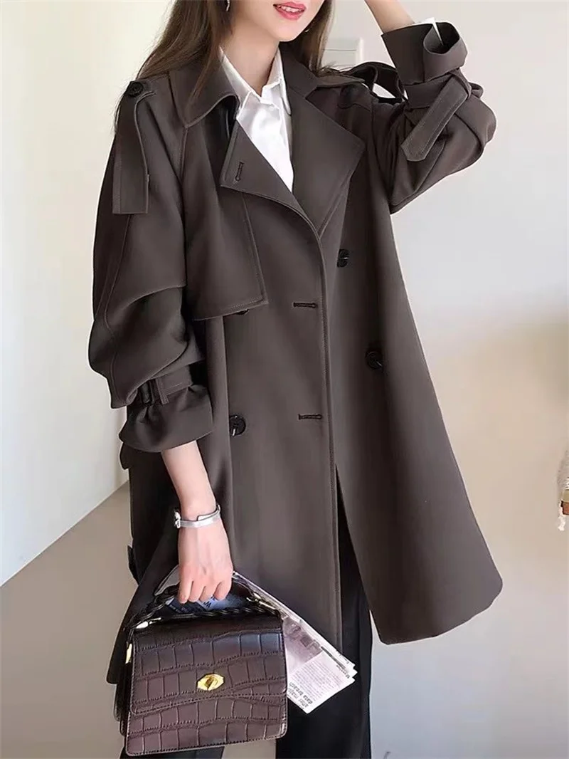 2023 Autumn New Korean Version Temperament Loose Outside Wear Commuter Goddess Fan Thin Trench Coat Solid Color Single Breasted