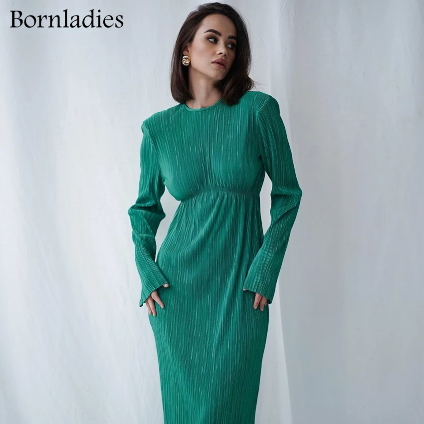 Bornladies зеленое женское длинное платье элегантное вечернее с круглым вырезом и