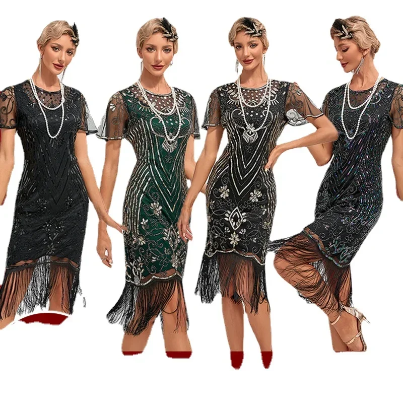 WILDPARTY 1920S - Vestido Con Solapa Para Mujer, Cuello En V, Con Lentejuelas, Con Flecos