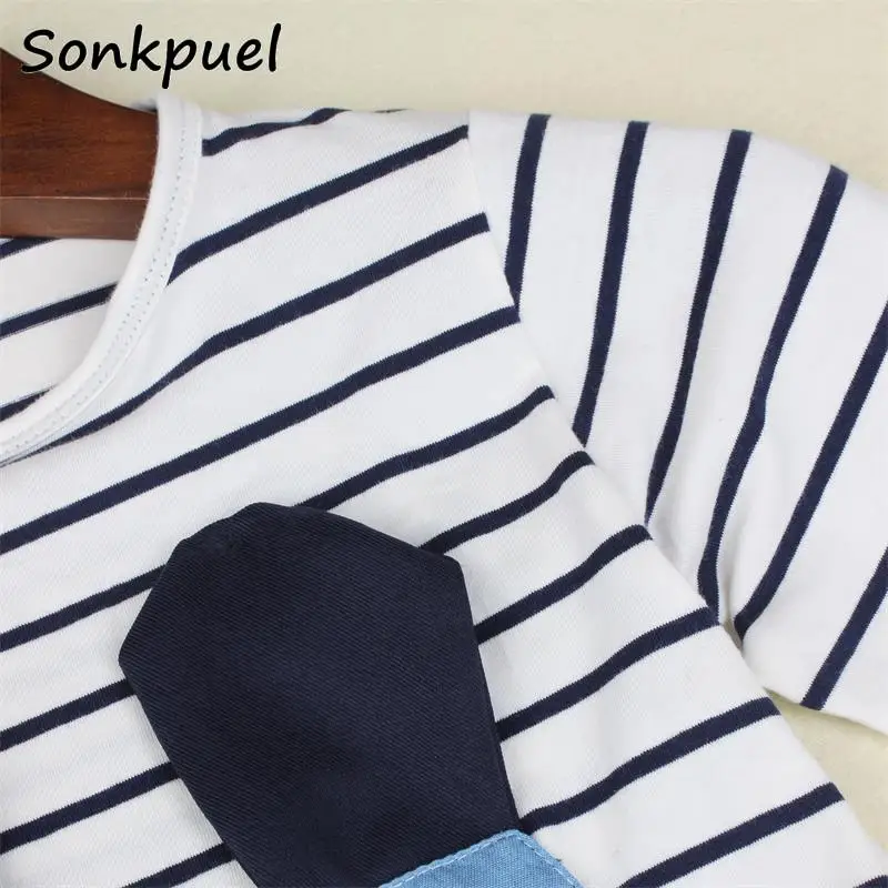 Girls Dress Princess Costume Kids Dresses for Girls Long Sleeve Stripe Patchwork Denim Cloth 2 3 4 6 8 Years Summer Clothing