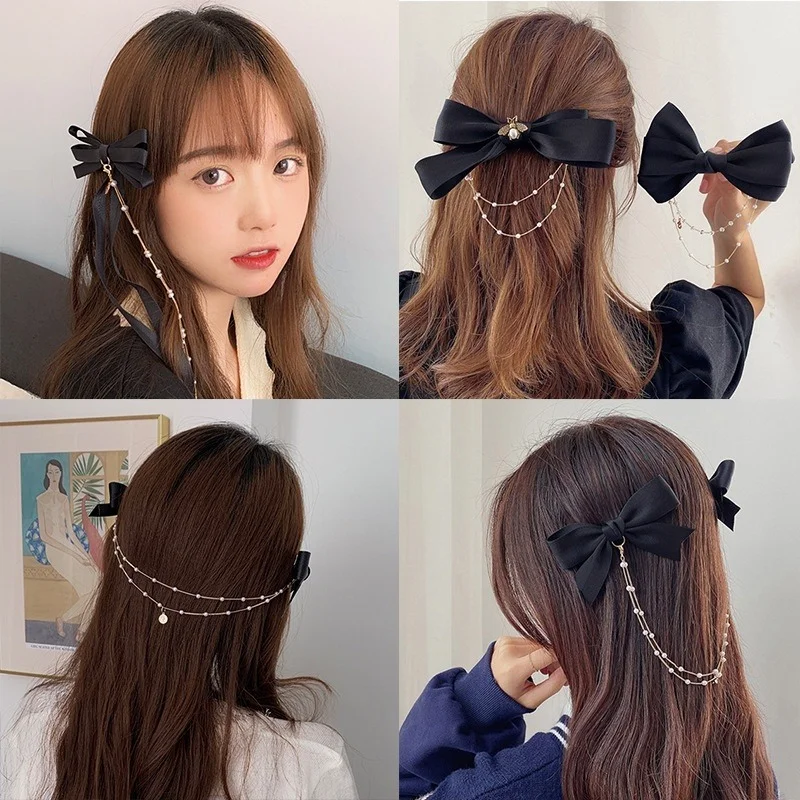 

New Bow Pearls Chain Barrettes Hairpins for Women Rhinestone Spring Hair Clips Ribbon Headband Ponytail Hair Accessories