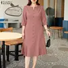 ZANZEA Elegant Women Midi Dresses 2026 Spring Summer Dress V Neck 3/4 Sleeve Sundress Stylish Solid A Line Pleated Work Robe