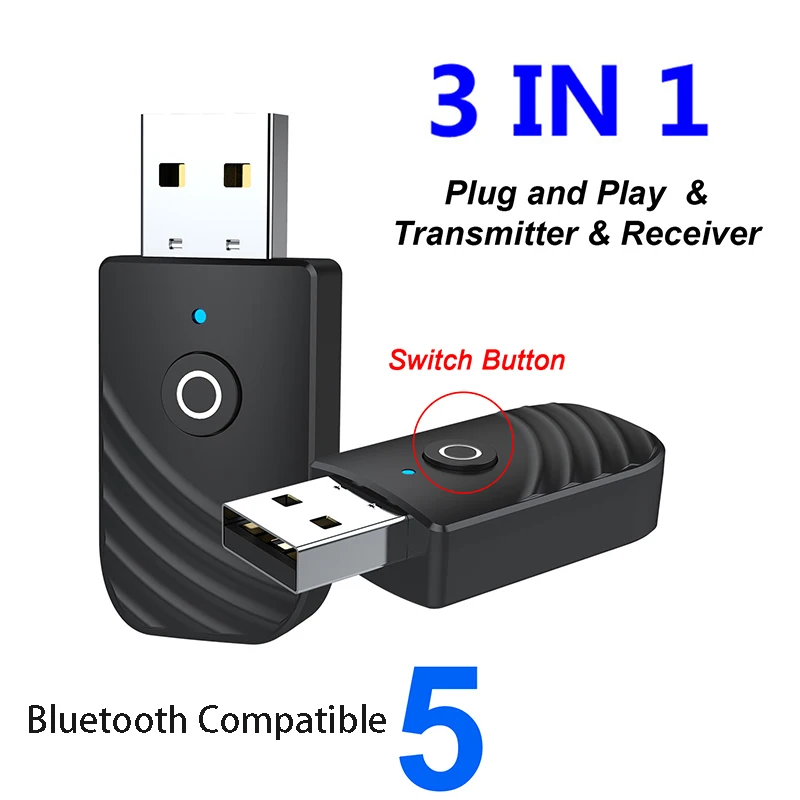 

Bluetooth-compatible Dongle 3 in 1 BT5.0 USB Adapter Stereo Audio Transmitter Receiver for TV Computer Car Earphone Headset