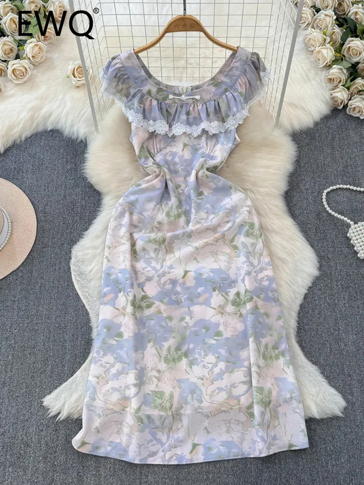 

EWQ Fashion Ruffles Printing Long Dress For Women Casual O-neck Sleeveless Lace-up Zippers Dresses New 2024 Summer 27C572