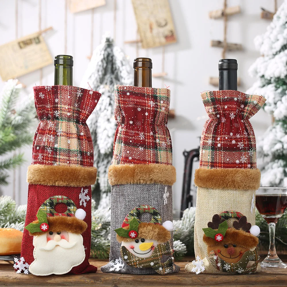 Wine Bottle Cover Burlap Wine Bags Christmas Decorations Wine Bottle Sets Plaid Linen Wine Bottle Decorations Plaid Bags