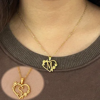 A-Z Letters Stainless Steel Jewelry Initials Heart Pendant Necklace For Women Love Choker First Letter Accessories 2