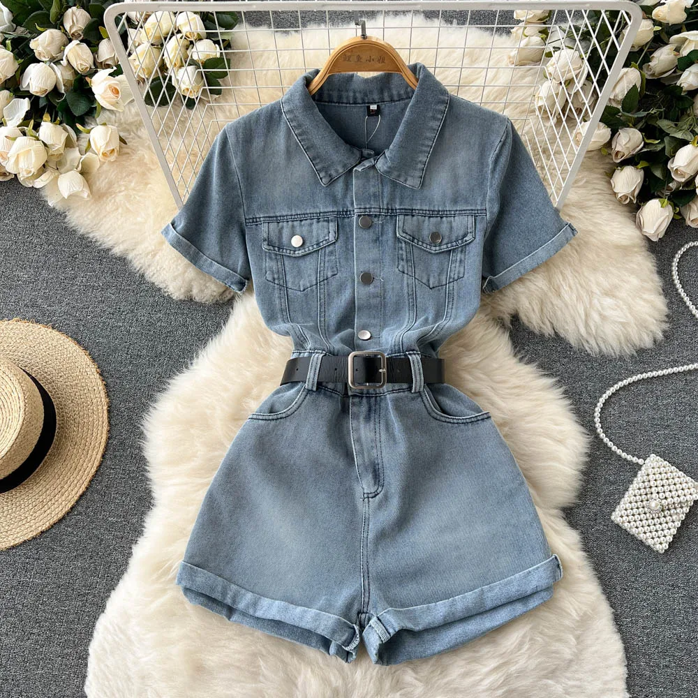 Tooling One-Piece Denim Suit Female Summer 2024 New Temperament Fashion High Waist Wide Leg Shorts Jumpsuits Overalls Shorts