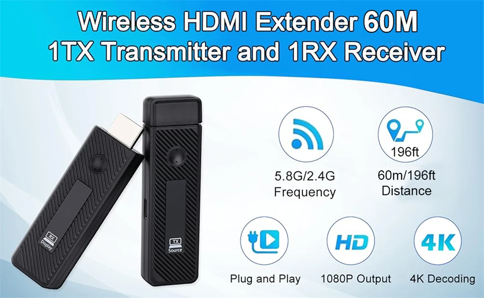 60m Wireless HDMI Video Transmitter and Receiver Extender kit TV Stick Dongle Ad