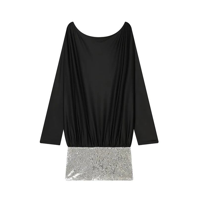 Women Fashion Sequin Splice Elegant Short Dress Spring New Long Sleeve Slash Neck Mini Dress Female Club Party Dresses