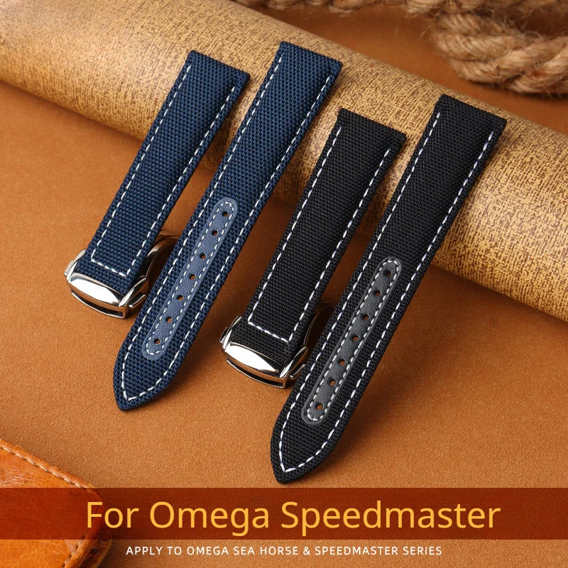 

uhgbsd Nylon Canvas Leather Strap For Speedmaster AT150 Gold Needle Captain New Seamaster 300 Folding Buckle