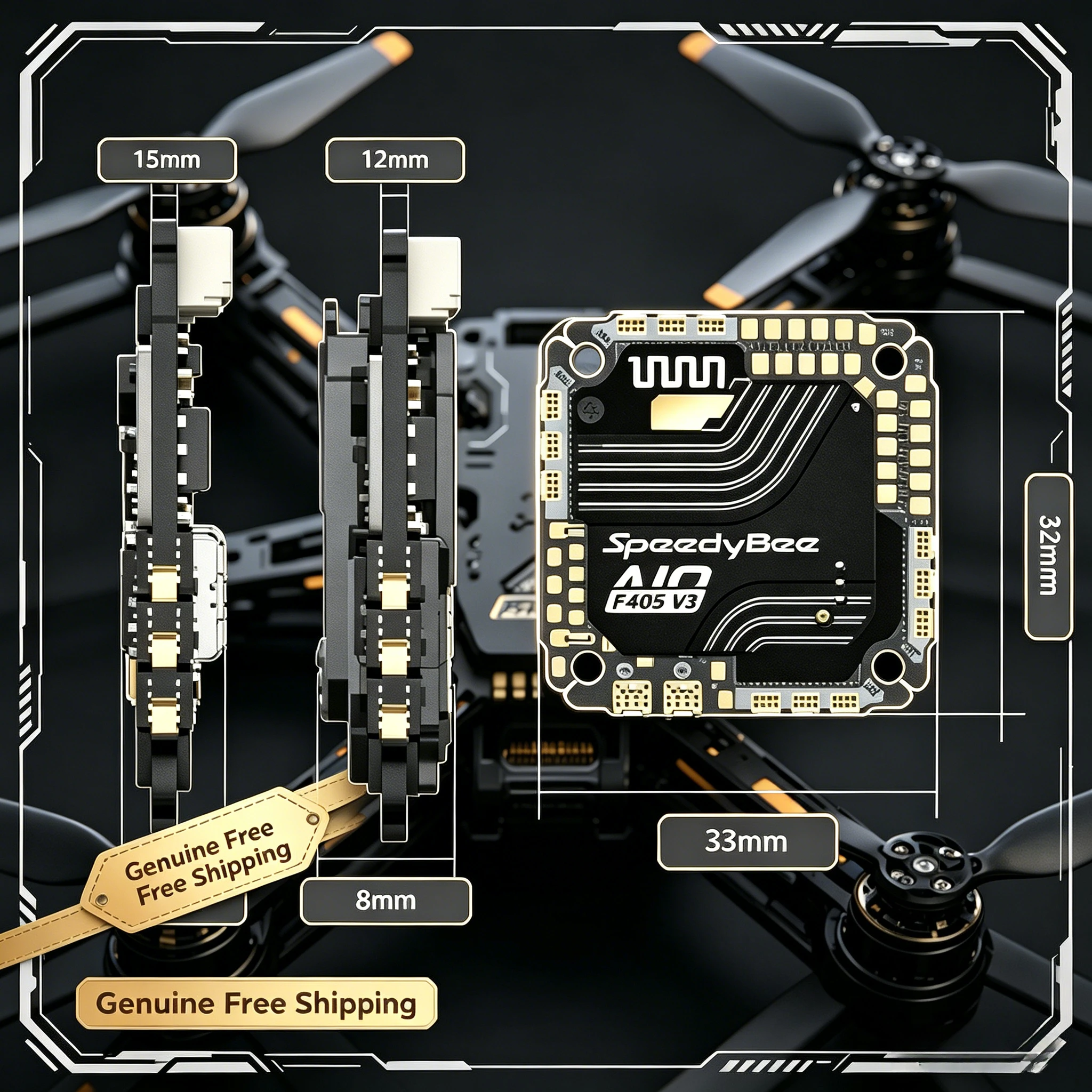 Carte de vol F405 AIO V2 35A ou 40A pour drone FPV, montrant le contrôleur compact avec dissipateurs thermiques
