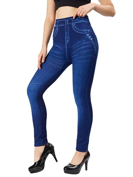 CUHAKCI Simple Blue False Jeans Plus Size Stretch Leggings Fake Pocket Print Pencil Pants Women Slim Fit Stretch False Jeggings