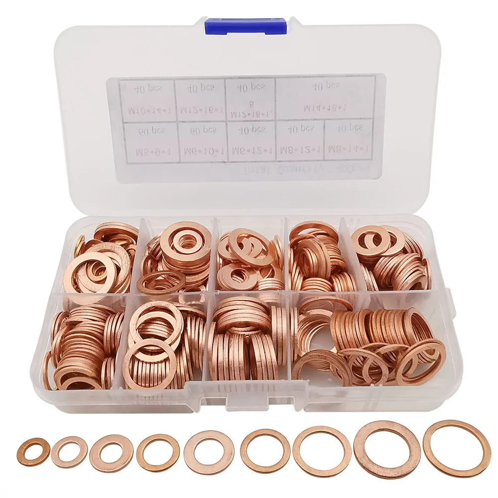 

400Pcs/Box Red Copper Washer Solid Gasket Flat O-Ring Sump Plugs Oil Seal Gasket Tool Hardware Accessories M5 M6 M8 M10 M12 M14