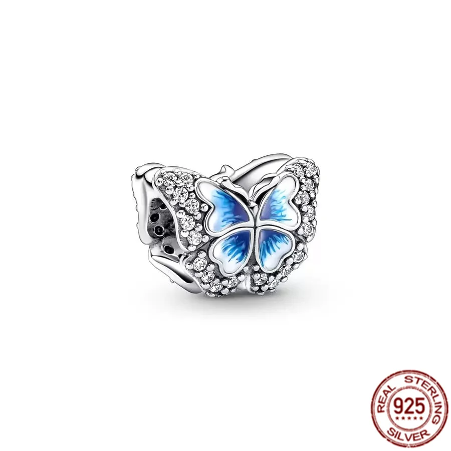 Nowy Fit oryginalny bransoletka Pandora naszyjnik z wielu serii niebieski różowy motyl srebrny wisiorek koralik DIY 925 Sterling Silver biżuteria