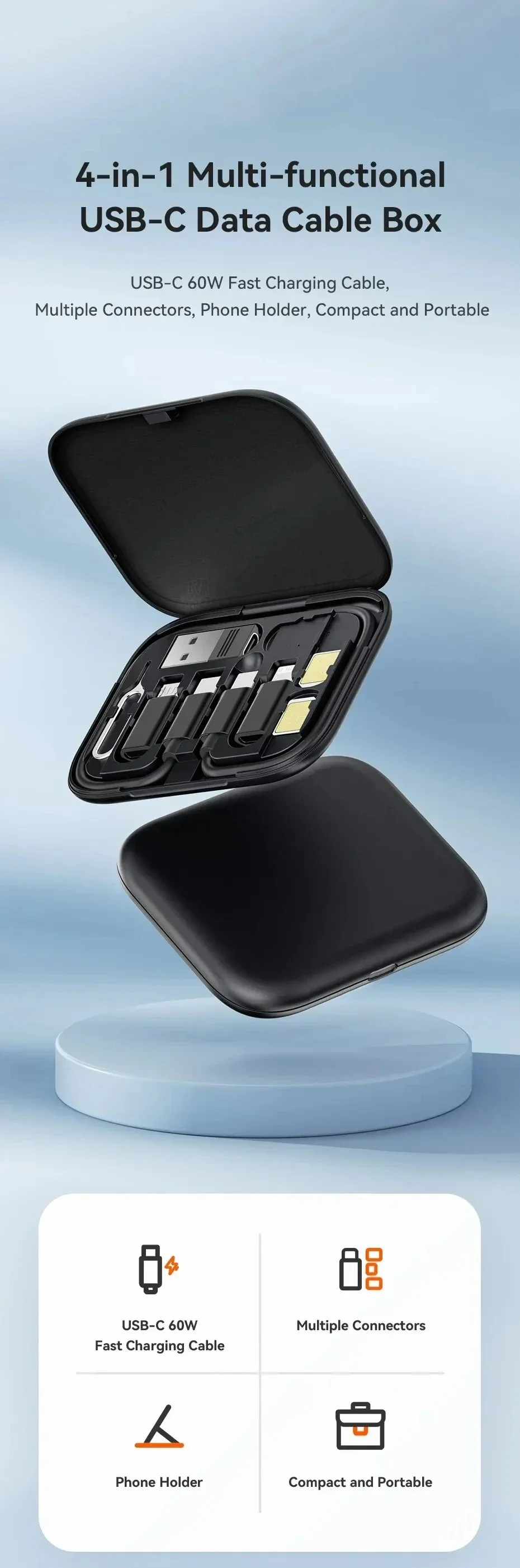 60W USB C To USB Type C Cable 4 in 1 Multifunction Data Cord Storage Box For iPhone Samsung Xiaomi Micro USB Fast Charging Cable