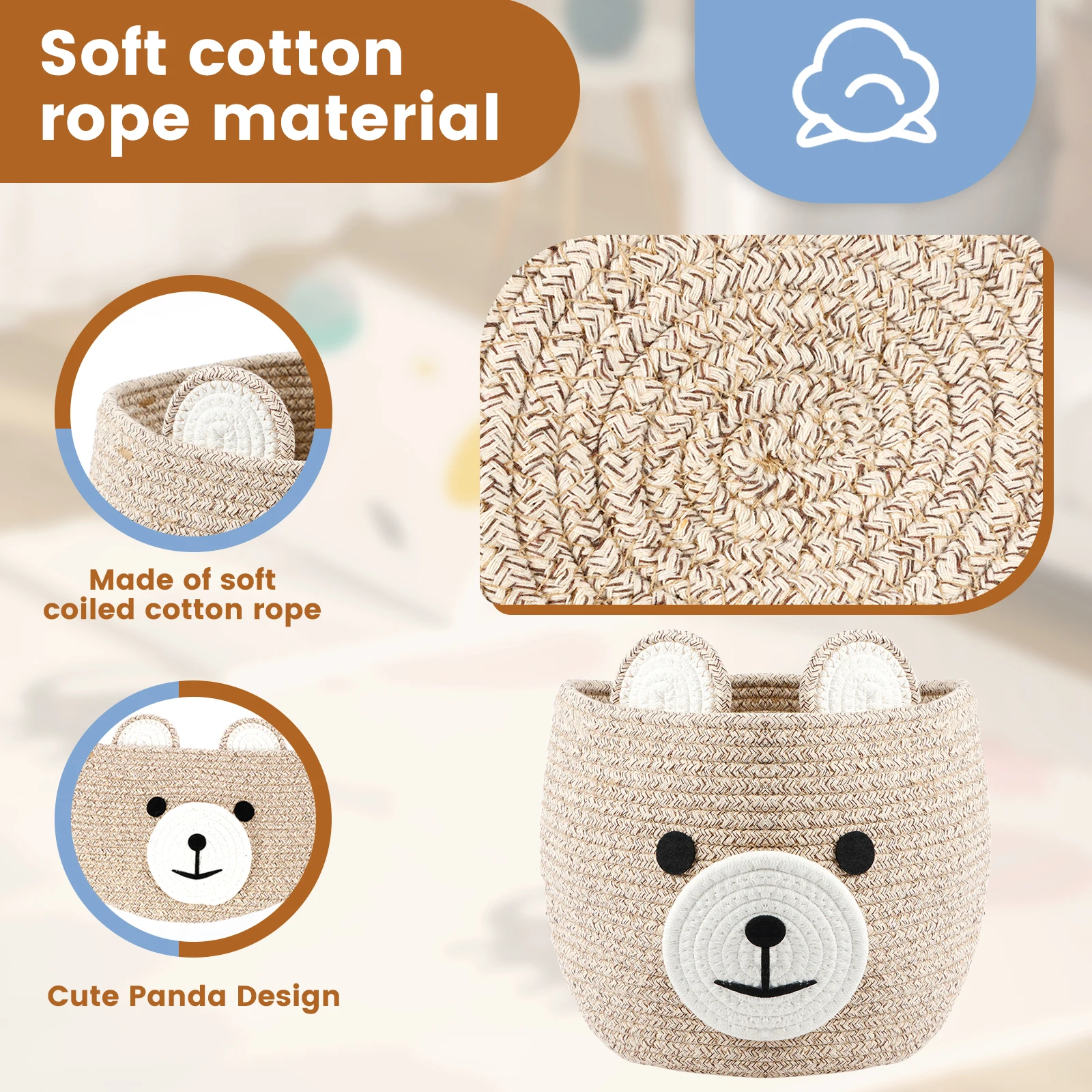 Bear Storage Basket Cotton Corded Rope Multipurpose Sundries Toy Organizer Foldable Household Gift Laundry Basket