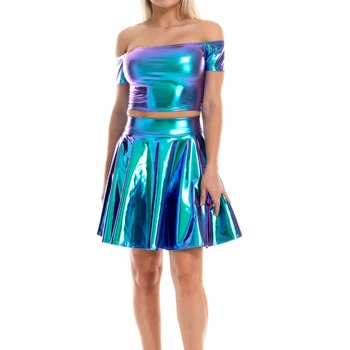 Shiny Laser Metallic Crop Tops and Pleated Mini Skirt 3