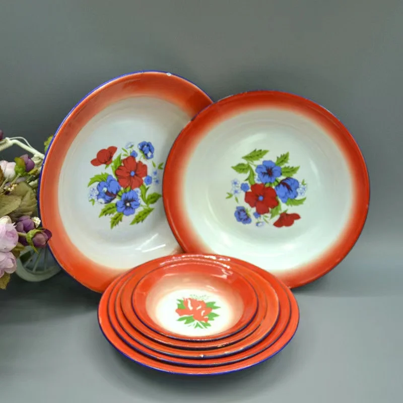 Household Food Dish Of Enamel flower type deep red flower plate cauliflower imitation retro nostalgia