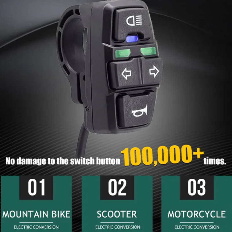 Electric Bike Switch 3 in 1 Headlight Turn Signal Horn Switch 36V/48V ON/OFF Control Waterproof for E-Bike