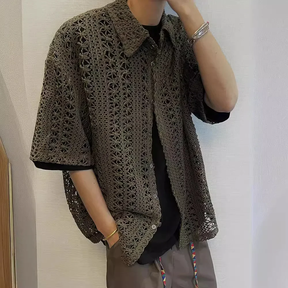 Summer American Style Vintage Distressed Versatile Military Green Knit Hollow Breathable Loose-fit Casual Short Sleeve Shirt Men 1